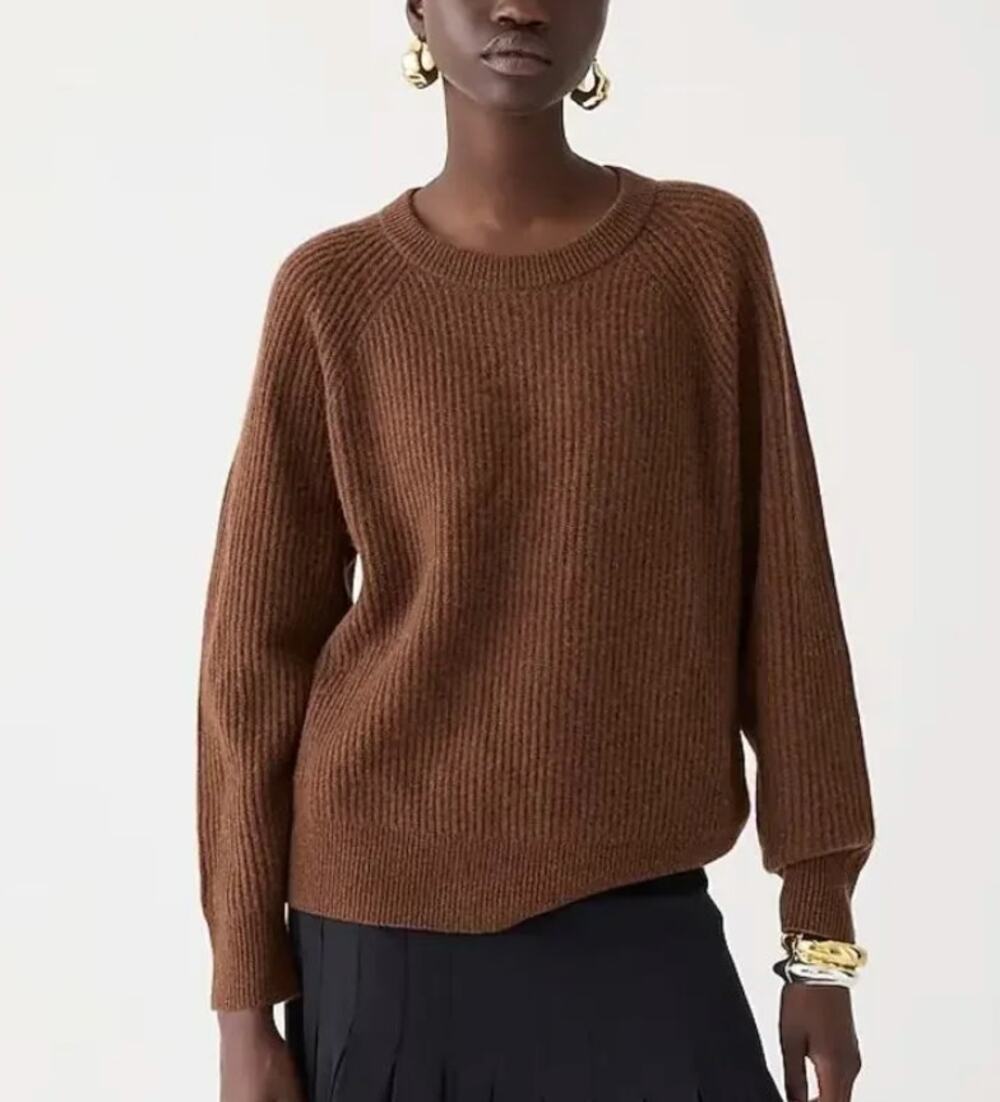 J. Crew Ribbed Pure Cashmere Oversized Crewneck Sweater Brown BB402 Size XS
